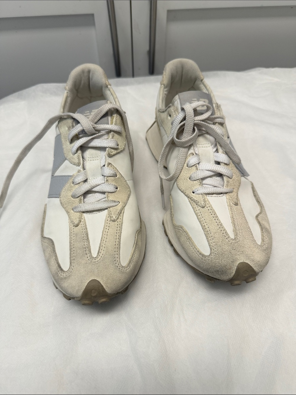 New Balance Women’s Cream, White and Light Gray Retro-Inspired Sneakers